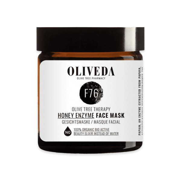 OLIVEDA F76 Honey Enzyme Gesichtsmaske in braunem Glasbehälter mit weißem Etikett.