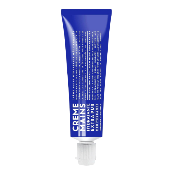 Blaue Tube mit Handcreme, 30 ml, mediterranes Meer, weiße Schrift auf der Tube.