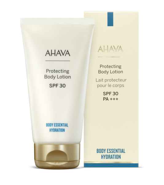 AHAVA Protecting Body Lotion SPF 30, Tube und Verpackung, Body Essential Hydration.