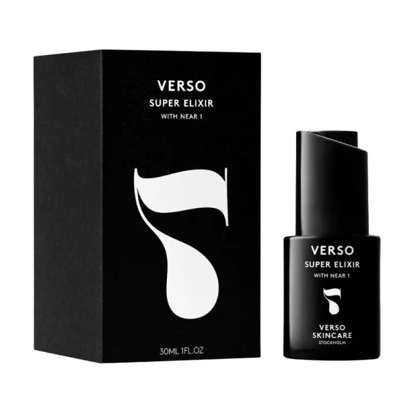 Verso Super Elixir mit NEAR 1, 30ml Flasche und Verpackung, schwarzes Design mit weißem Logo.