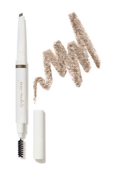 Jane Iredale Augenbrauenstift in Neutral Blonde, mit Bürste und gezeichneter Linie auf weißem Hintergrund.