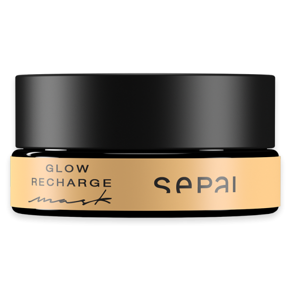 Schwarze Dose mit goldener Beschriftung 'Glow Recharge Mask' von Sepai.