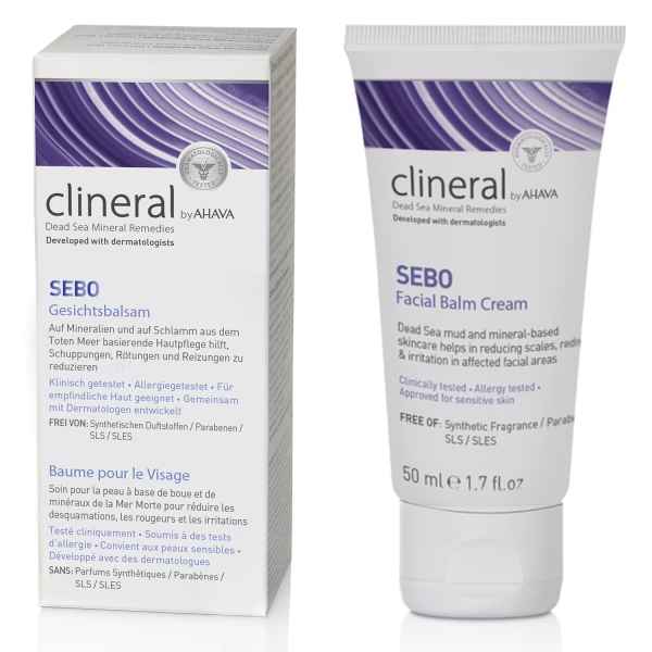 SEBO Gesichtsbalm-Creme von Clineral by AHAVA, 50 ml Tube und Verpackung, entwickelt mit Dermatologen, für empfindliche Haut.