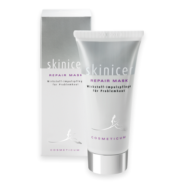 Skinicer Repair Mask Produktbild: Tube und Verpackung für Wirkstoff-Impulspflege bei Problemhaut.