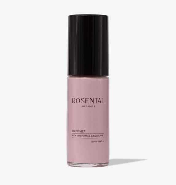 Rosental Organics BB Primer mit Niacinamid und Squalan, 25 ml Flasche, schwarzer Deckel, rosa Etikett.