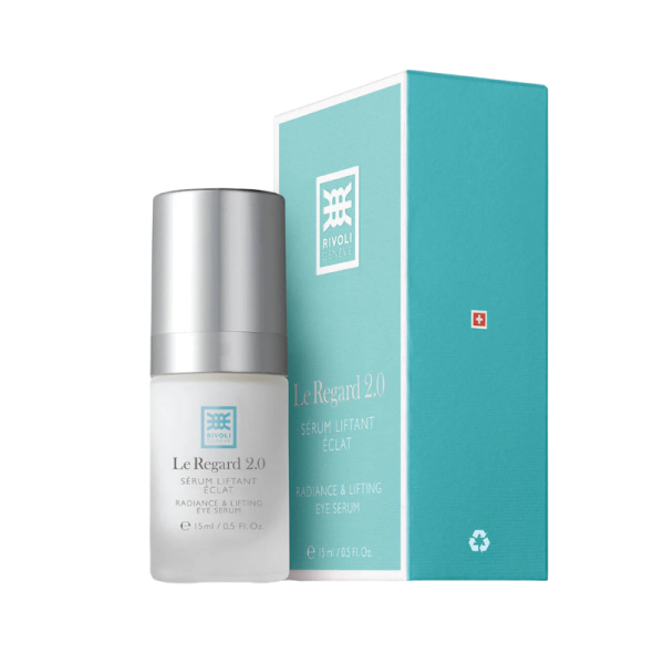 Rivoli Genève Le Regard 2.0 Serum Liftant Éclat, 15ml Flasche und Verpackung in Türkis.