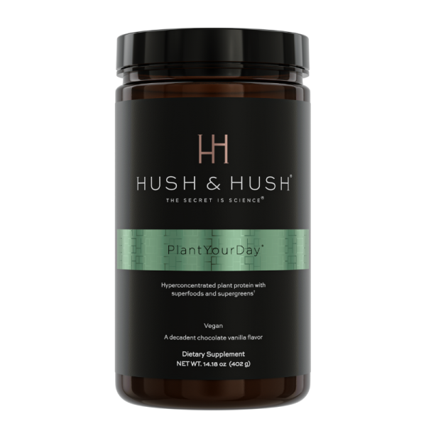Hush & Hush PlantYourDay Nahrungsergänzungsmittel, veganes Proteinpulver mit Superfoods, 402g, Schokoladen-Vanille-Geschmack.
