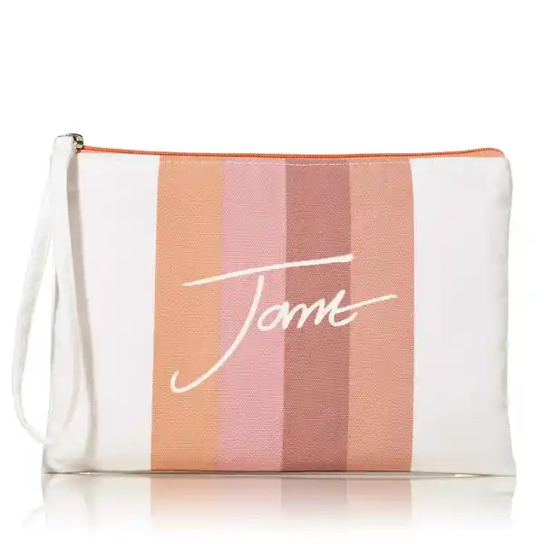 Gestreifte Handgelenktasche mit 'J'aime'-Schriftzug auf weißem Hintergrund.