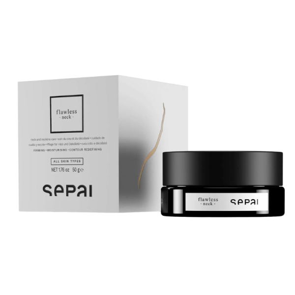 SEPAI Flawless Neck Creme, 50g, in schwarzer Dose neben weißer Verpackung mit Produktinformationen.