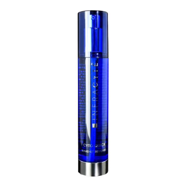 INFRACYTE CYTO QUICK Make-up Entferner in blauer Flasche mit silbernem Deckel.