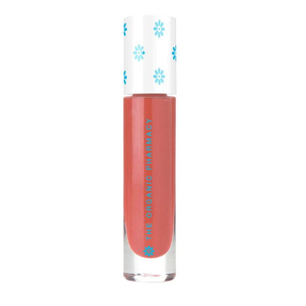 THE ORGANIC PHARMACY Plumping Lippenstift in Pink, in einer transparenten Tube mit weißem Deckel und blauen Blumenmuster.