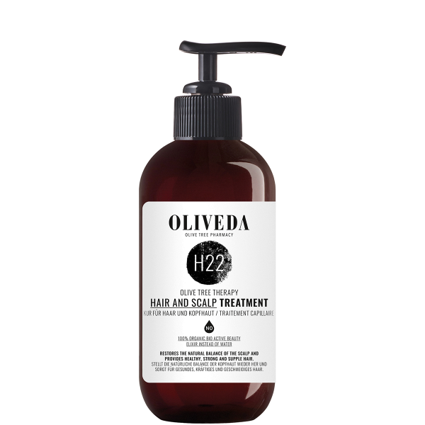 OLIVEDA H22 Haar- und Kopfhautbehandlung, 250 ml Flasche mit Pumpspender, Produktbild.