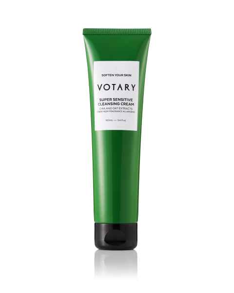 Grüne Tube der Votary Super Sensitive Cleansing Cream, 100 ml, auf weißem Hintergrund.