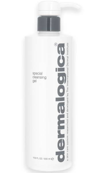 Dermalogica Special Cleansing Gel 500ml Flasche mit Pumpspender, weiß mit grauem Etikett.