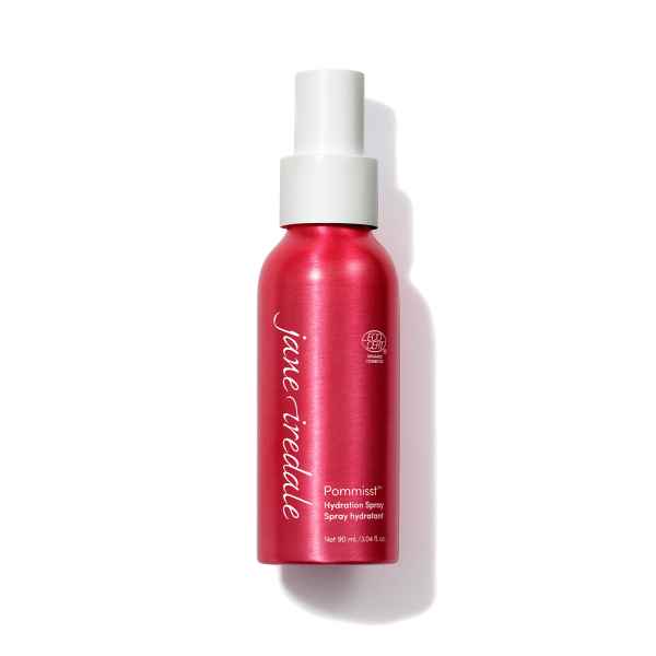Rotes Jane Iredale Pommist Hydration Spray, 90 ml, auf weißem Hintergrund.