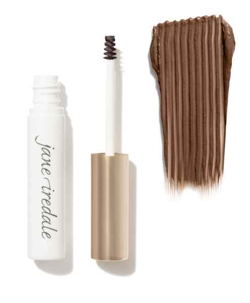 Jane Iredale Pure Brow Gel in Medium Brown, geöffnete Tube und Farbmuster auf weißem Hintergrund.