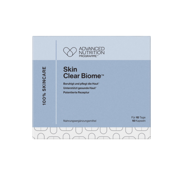 Verpackung von Advanced Nutrition Programme Skin Clear Biome Nahrungsergänzungsmittel, 10 Kapseln, zur Hautpflege.