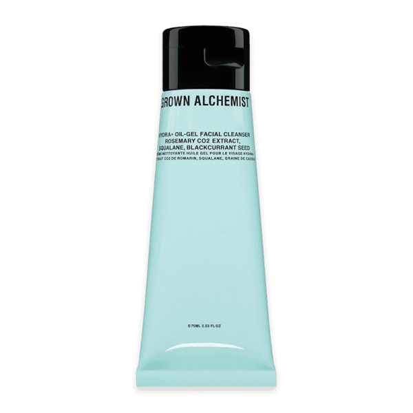 Grown Alchemist Hydra-Oil Gel Facial Cleanser in türkisfarbener Tube mit schwarzem Deckel, 75 ml.