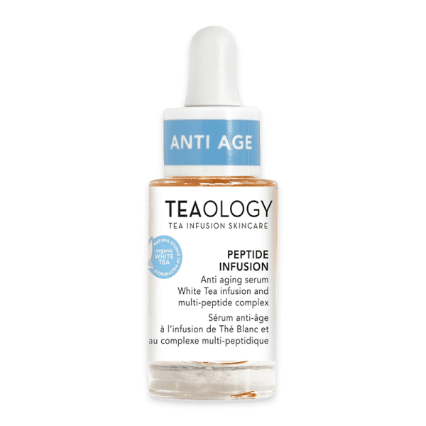 Flasche Teaology Peptide Infusion Anti-Aging-Serum mit Weißtee-Infusion und Multi-Peptid-Komplex.