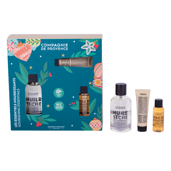Compagnie de Provence Shea Ultra Nourishing Essentials Set mit vier Pflegeprodukten vor weißem Hintergrund.