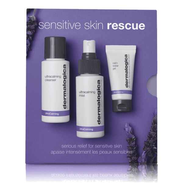 Dermalogica Sensitive Skin Rescue Set mit Cleanser, Mist und Gel vor lila Hintergrund mit Lavendel.