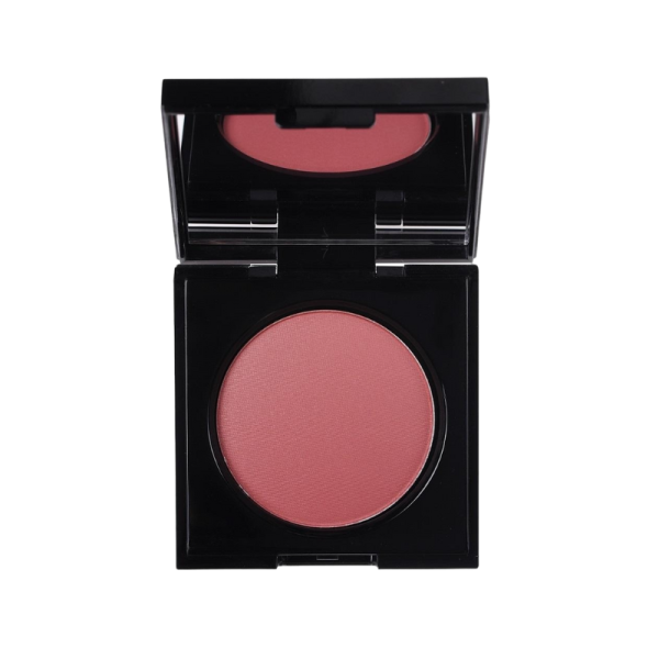 KORRES Wild Rose Rouge in der Farbe Dusty Rose, geöffnetes schwarzes Kompaktgehäuse mit Spiegel.