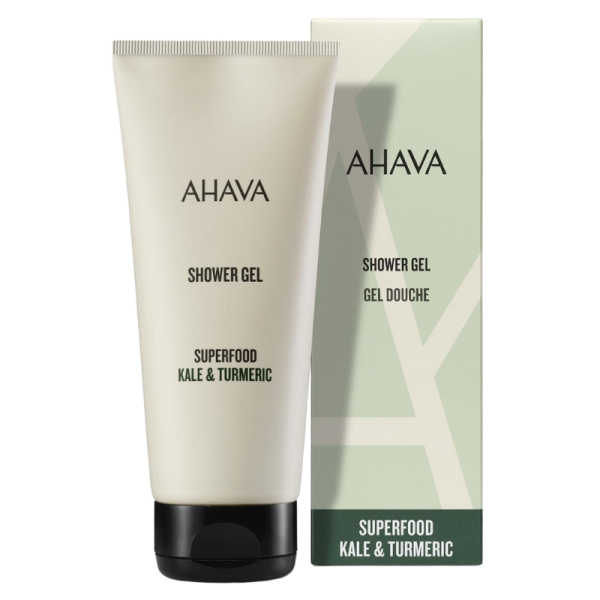 AHAVA Superfood Kale & Turmeric Duschgel, 200ml Tube und Verpackung, aufrecht stehend.