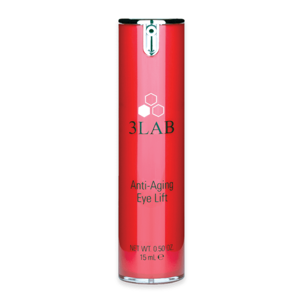 Rote Flasche 3LAB Anti-Aging Eye Lift, 15 ml, auf weißem Hintergrund.