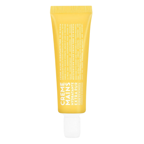 Gelbe Handcreme-Tube mit weißem Verschluss, 30 ml, Mimose-Duft.