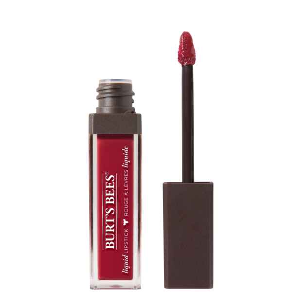 Burt's Bees flüssiger Lippenstift in roter Farbe, geöffnete Verpackung mit Applikator.