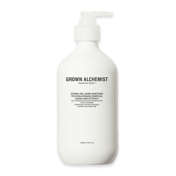Grown Alchemist Hydra-Gel Hand Sanitiser 500 ml Flasche mit Pumpspender auf weißem Hintergrund.