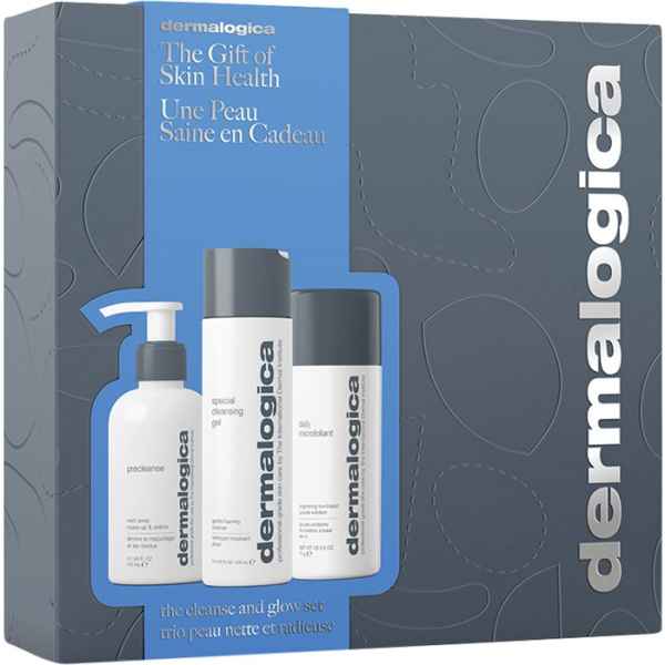 Dermalogica Hautpflege-Set: Precleanse, Special Cleansing Gel, Daily Microfoliant in grauer Verpackung.