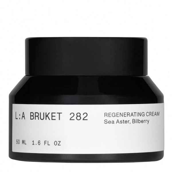 Schwarze Dose mit weißem Etikett, L:A Bruket 282 Regenerating Cream, 50 ml.