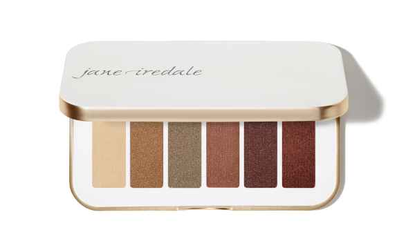 Jane Iredale Lidschatten-Palette 'Naturally Glam' mit sechs Farben in einem weißen Etui mit goldenen Akzenten.