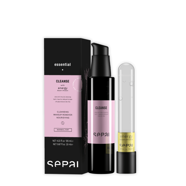 Produktbild von Sepai Cleanse und Energy, Make-up-Entferner und pflegendes Serum, 125 ml und 20 ml, vor schwarzem Hintergrund.