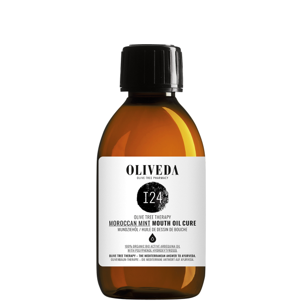 OLIVEDA I24 Moroccan Mint Mouth Oil Cure, 200ml Flasche, braun mit schwarzem Deckel und weißem Etikett.