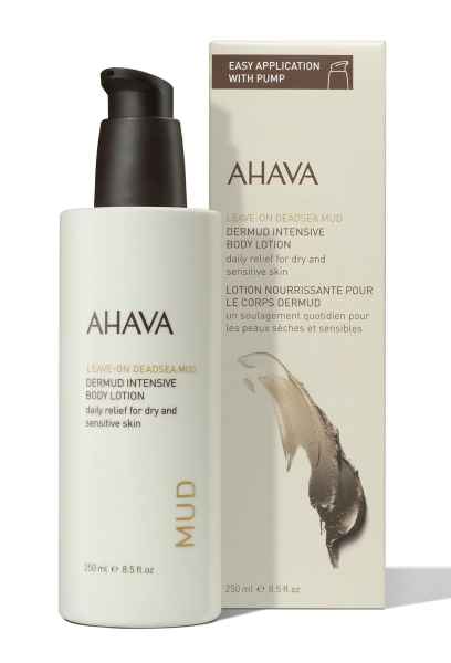 AHAVA Dermud Intensive Body Lotion, 250 ml Flasche und Verpackung, für trockene und empfindliche Haut.