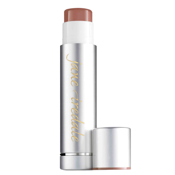 Jane Iredale Lip Drink Buff Lippenbalsam in silberner Hülse mit abgenommenem Deckel.