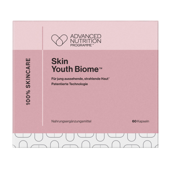 Verpackung von Advanced Nutrition Programme Skin Youth Biome Nahrungsergänzungsmittel, 60 Kapseln, für strahlende Haut.