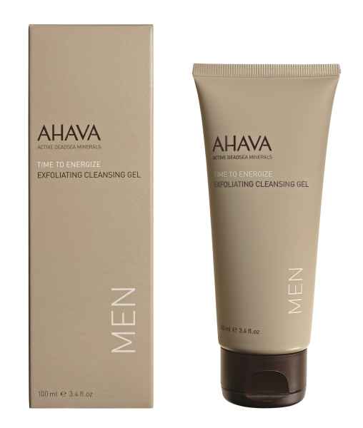 AHAVA Time to Energize Exfoliating Cleansing Gel für Männer, 100 ml Tube neben der Verpackung.