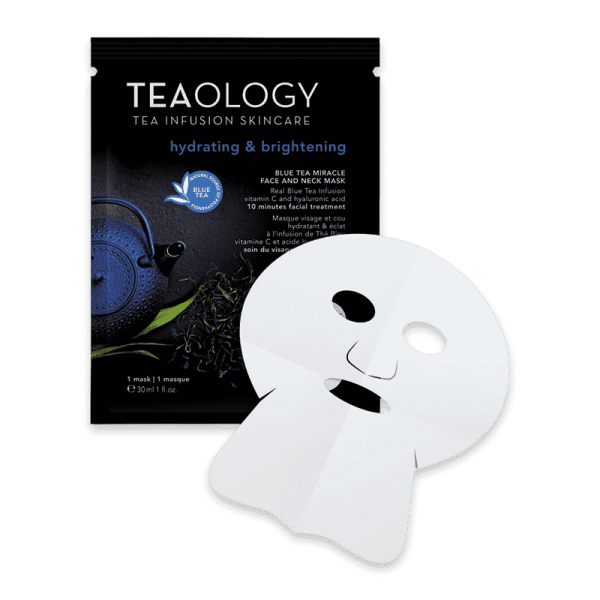 Teemaske und Verpackung von Teaology Blue Tea Miracle Face and Neck Mask, feuchtigkeitsspendend und aufhellend.