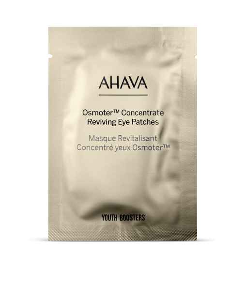 AHAVA Osmoter™ Concentrate Reviving Eye Patches in goldener Verpackung.