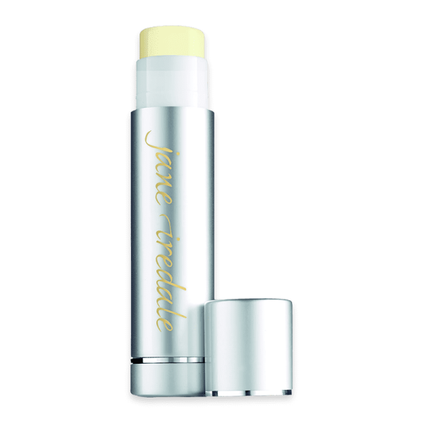 Jane Iredale Lip Drink Sheer Lippenbalsam in silberner Hülse mit abgenommenem Deckel.