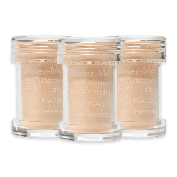 Jane Iredale Powder-Me SPF Brush Refill, 3er Pack, Sonnenschutzpuder in transparenten Behältern.