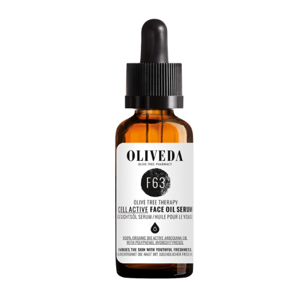 OLIVEDA F63 Gesichtsöl-Serum in brauner Flasche mit Pipette, weißes Etikett, 30 ml.