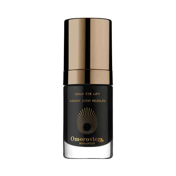 Omorovicza Gold Eye Lift Creme in schwarzer und goldener Flasche.