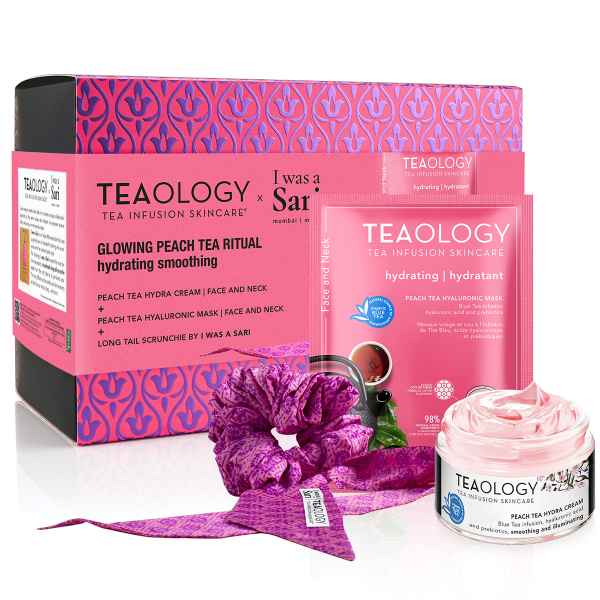 TEAOLOGY Glowing Peach Tea Ritual Set: Hydra Cream, Hyaluronic Mask, Scrunchie. Rosa Verpackung mit Teemuster.