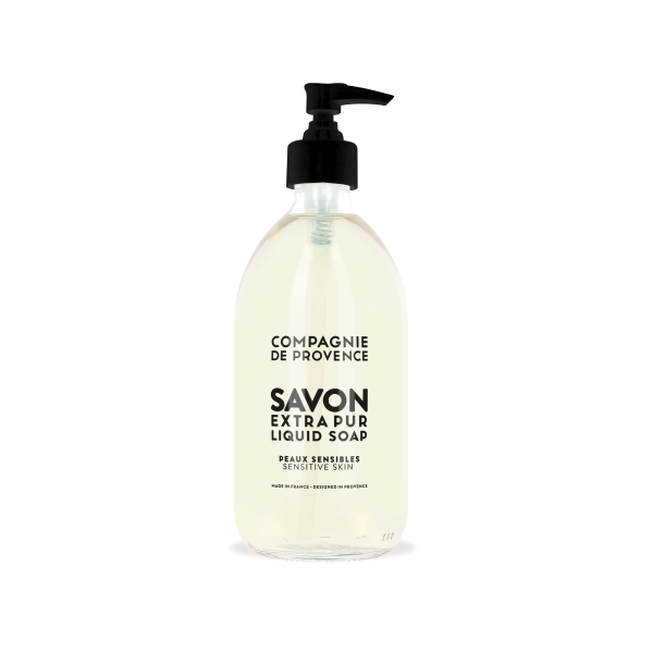 Flasche Compagnie de Provence Savon Extra Pur Flüssigseife für empfindliche Haut, 495 ml, mit Pumpspender.