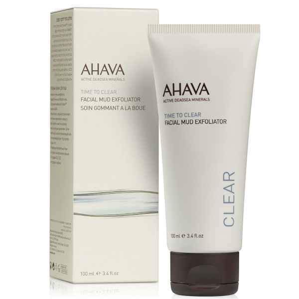 AHAVA Time to Clear Facial Mud Exfoliator, 100 ml Tube neben der Verpackung, auf weißem Hintergrund.