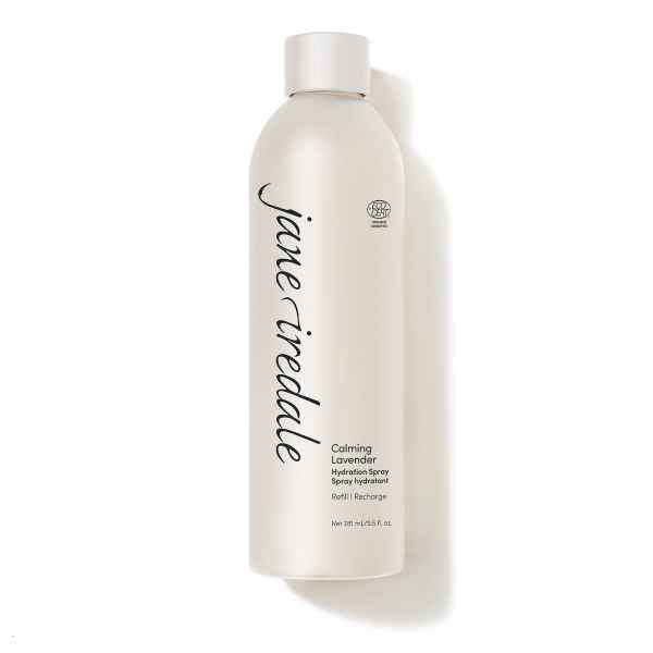 Jane Iredale Calming Lavender Hydration Spray Refill, 281 ml, weißer Flakon mit schwarzer Schrift.